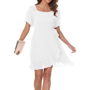 NWT Kikibell White Chiffon Wrap Mini Dress XL‎ Puff Sleeve Square Neck Bridal